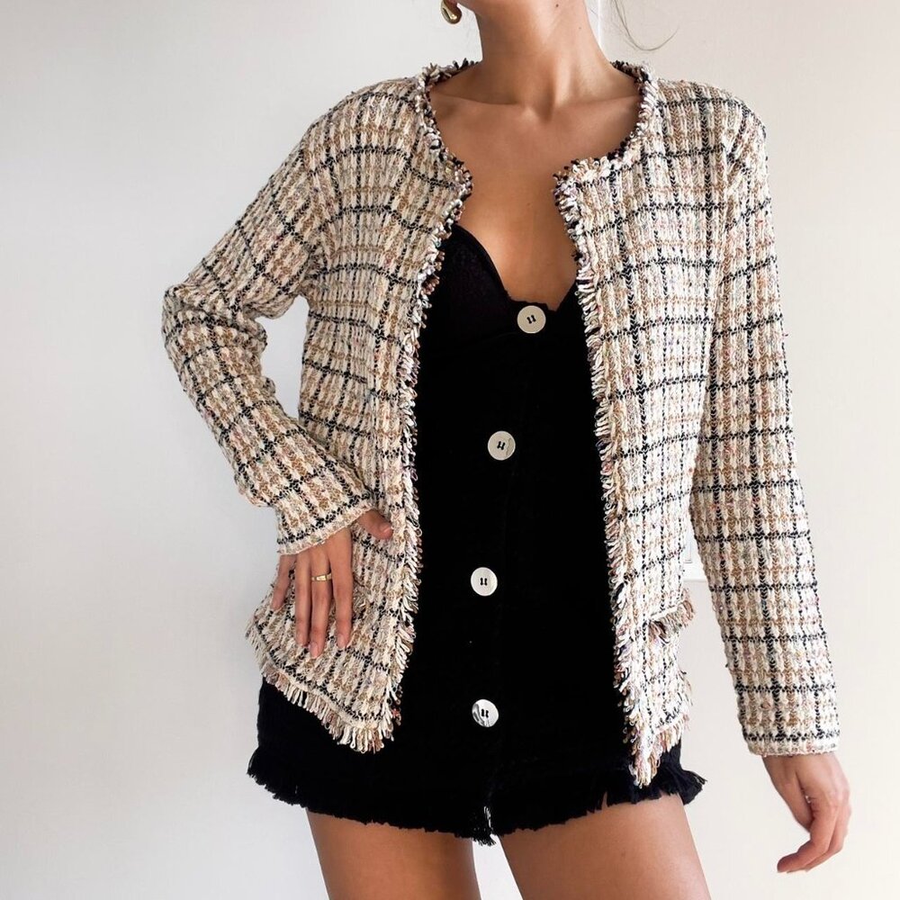 Cream & black plaid tweed metallic fringe blazer cardigan | Size XL - Picture 2 of 8